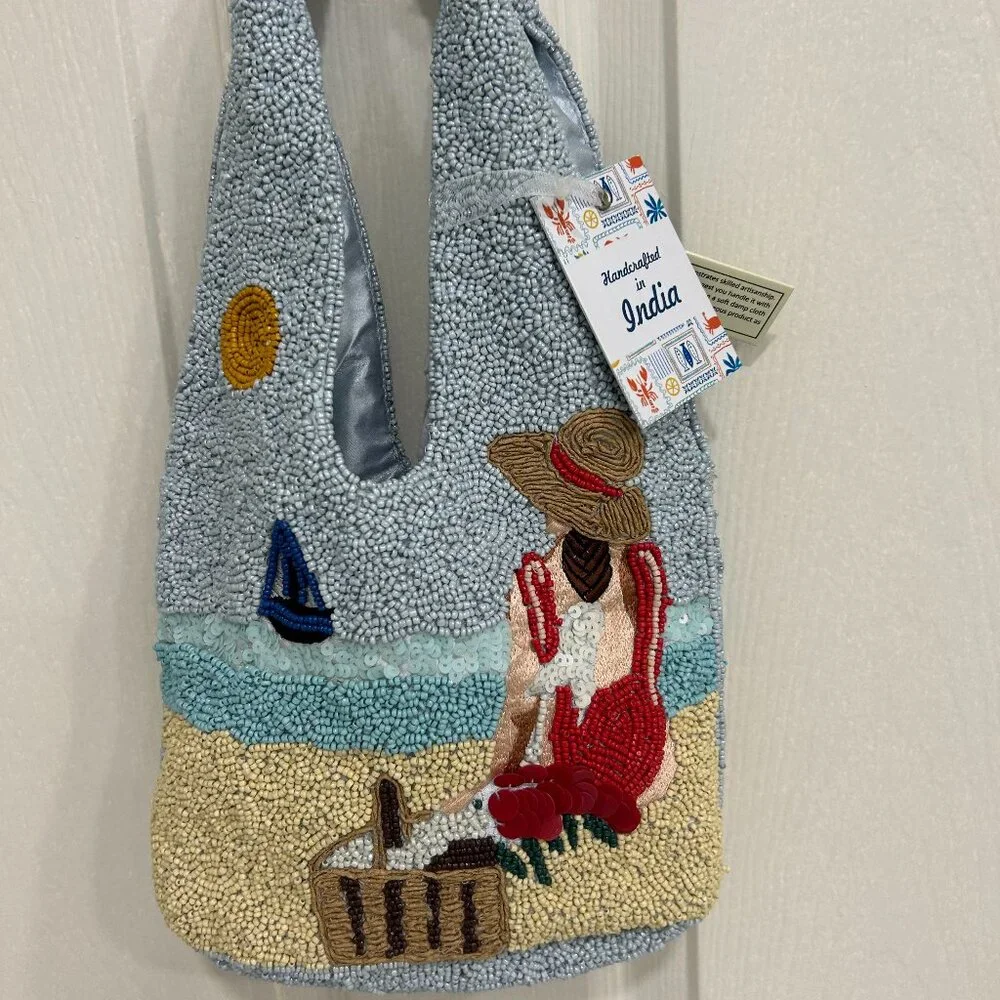 Handmade in India Beaded Beach Scene Bag Tropical Drink Sequins NWT